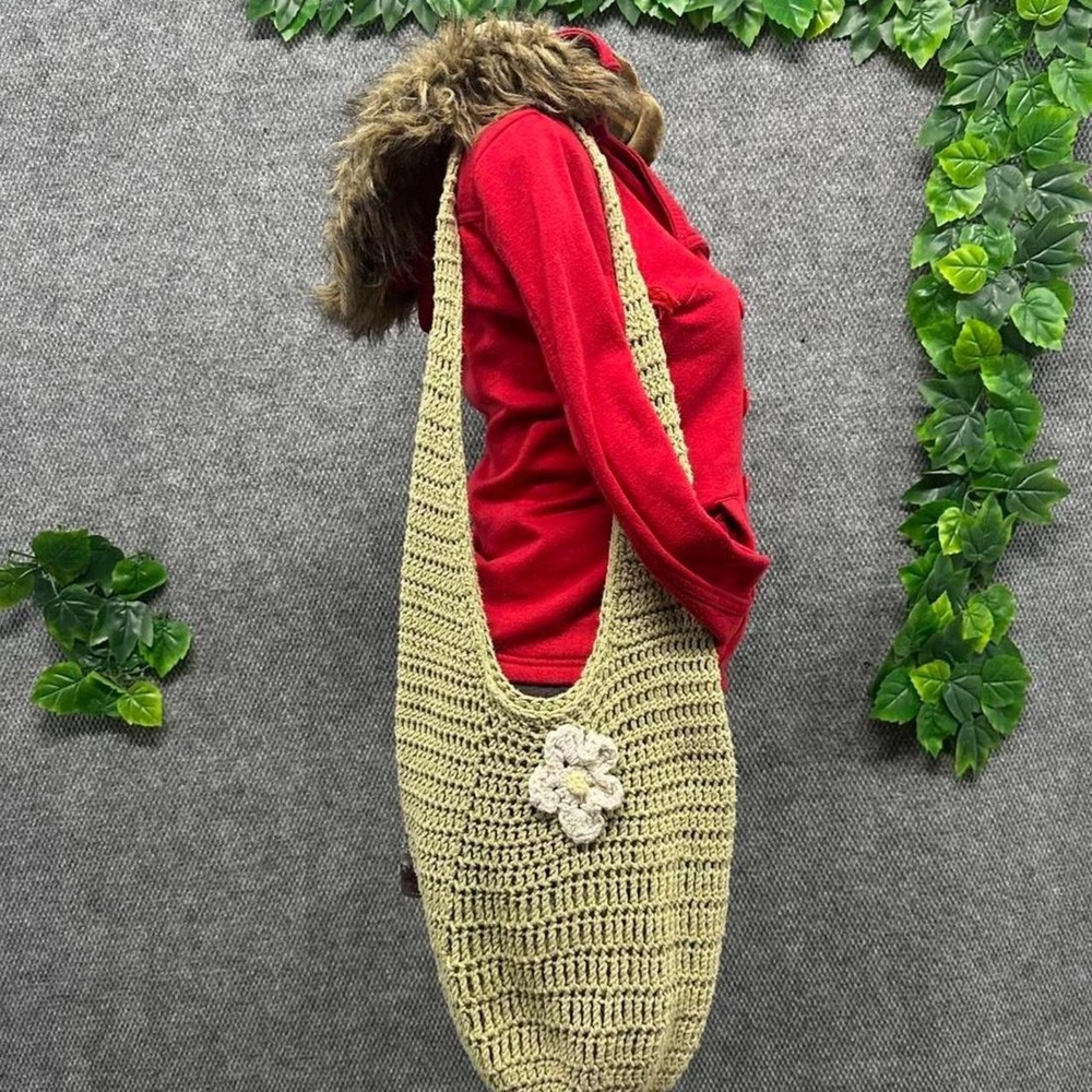 Sage Green Crochet Flower Hobo Shoulder Bag